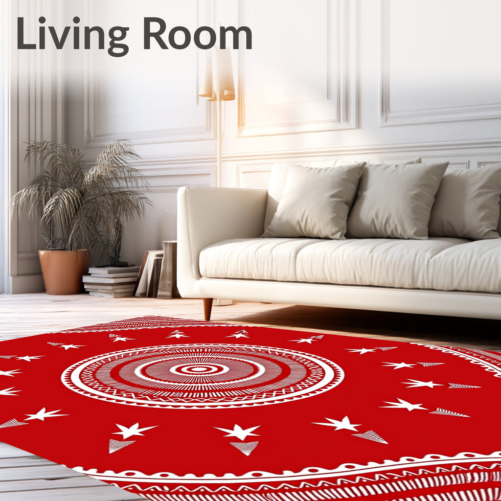 Red White Tribal Sunburst Pattern Rug