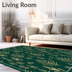 Deep Green Gold Leaf Pattern Rug
