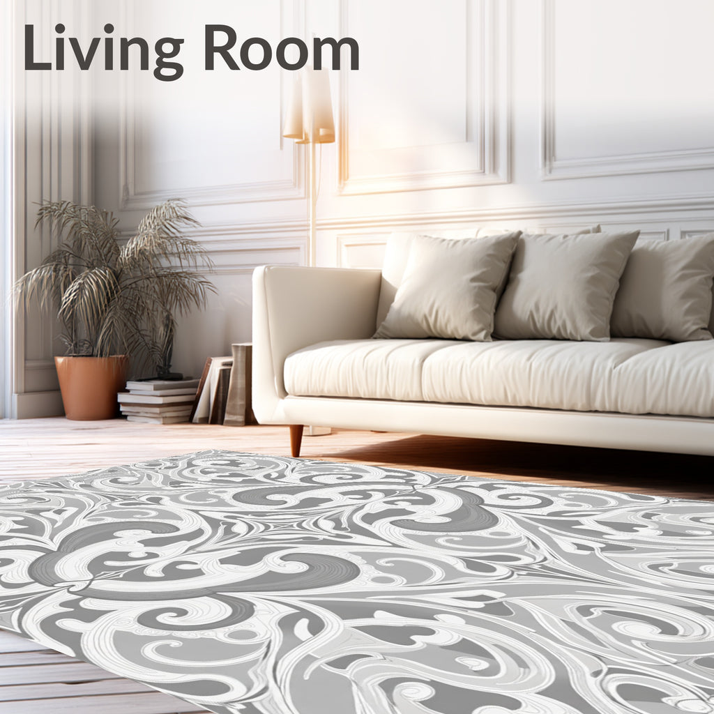 Elegant Grey Swirls Floral Pattern Rug