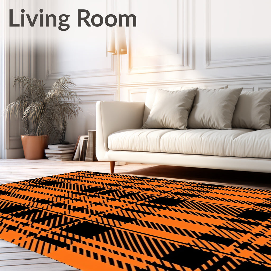 Bold Orange And Black Plaid Design Rug