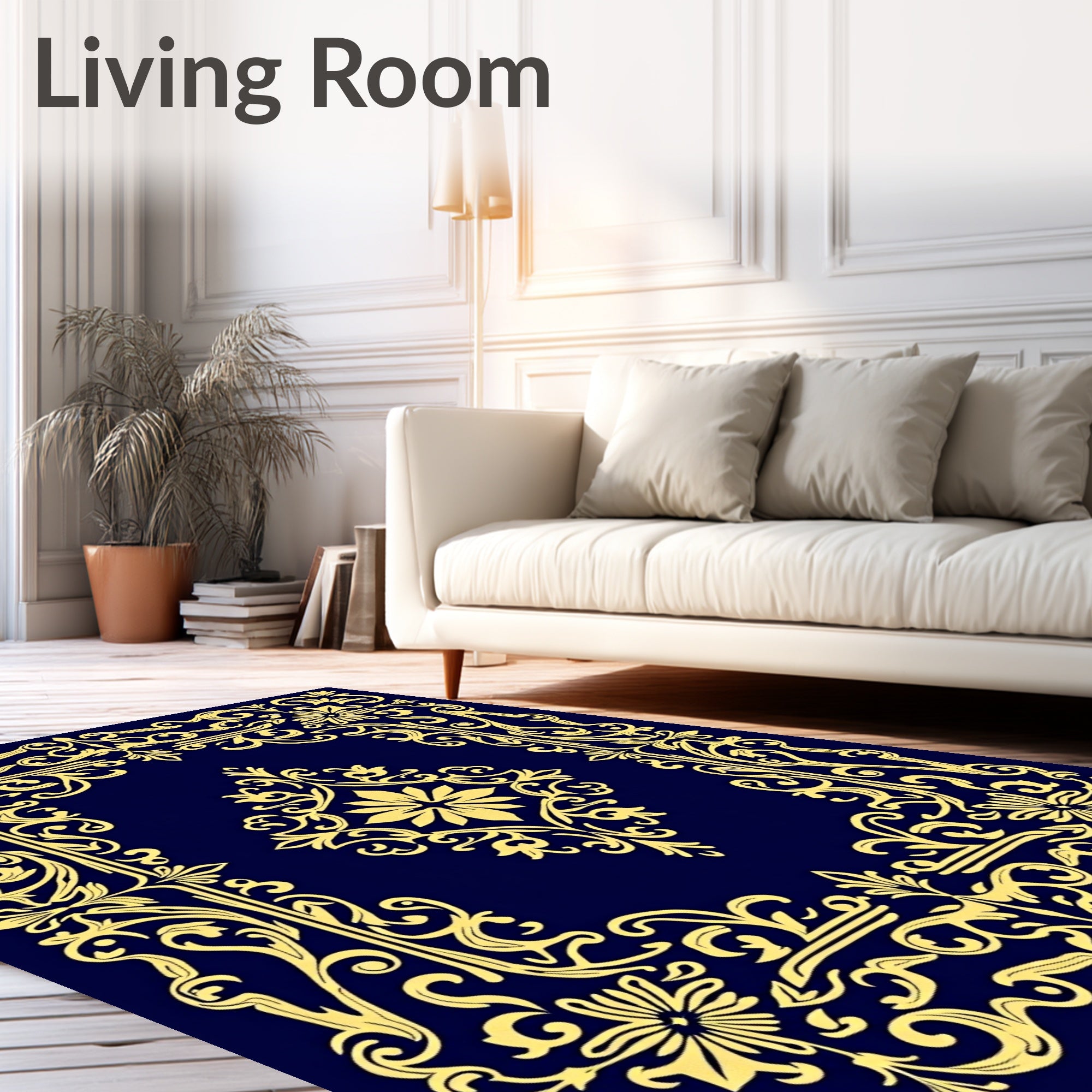 Ornate Yellow Floral Scrollwork Design Rug