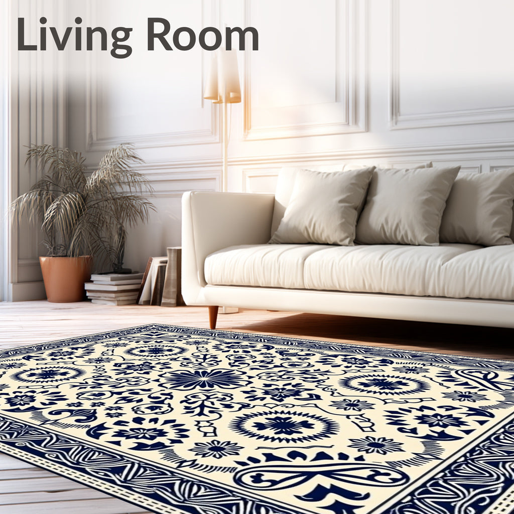 Classic Blue Ivory Floral Medallion Rug