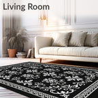Classic Black White Floral Damask Pattern Rug