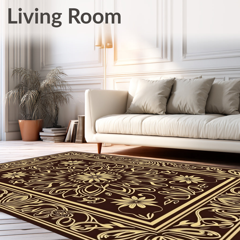 Golden Floral Motif Dark Background Rug