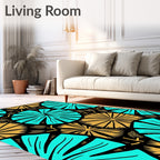Turquoise Gold Fanburst Botanical Blackground Rug