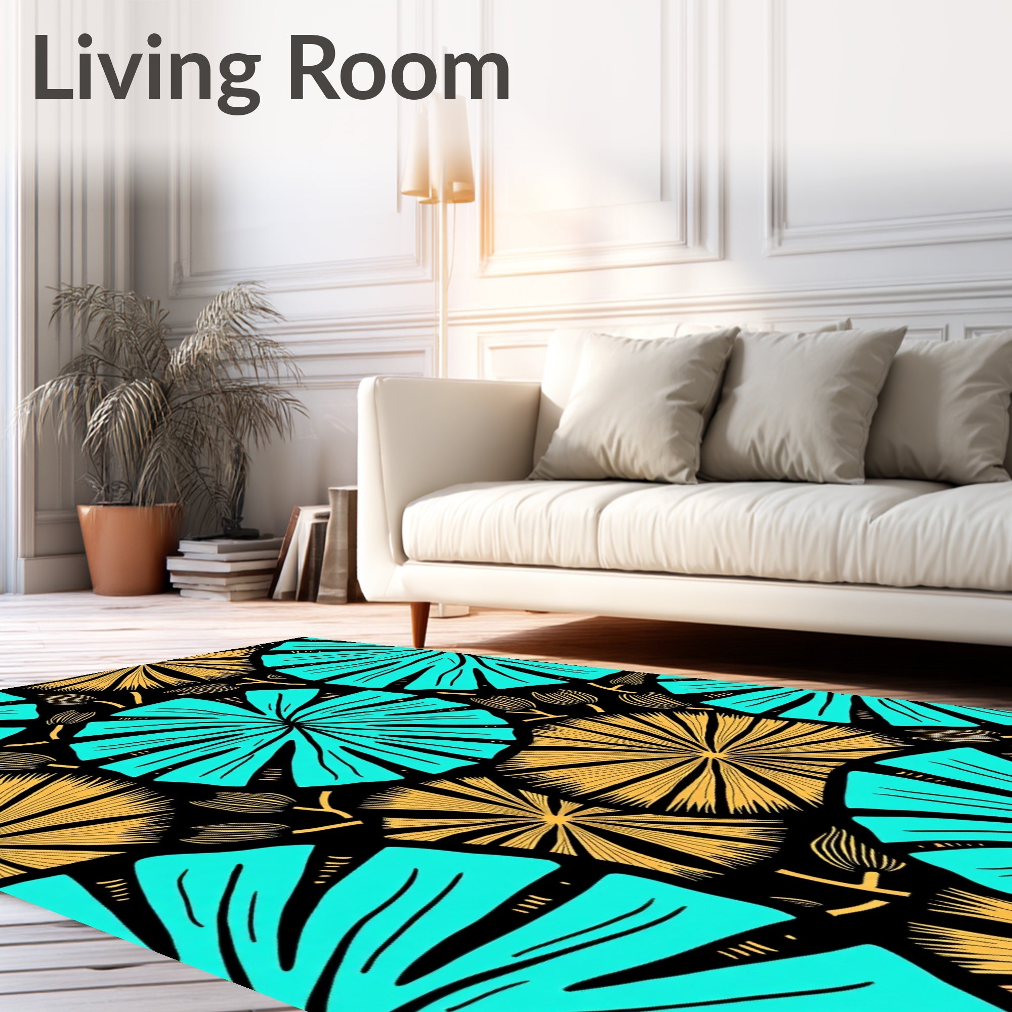 Turquoise Gold Fanburst Botanical Blackground Rug