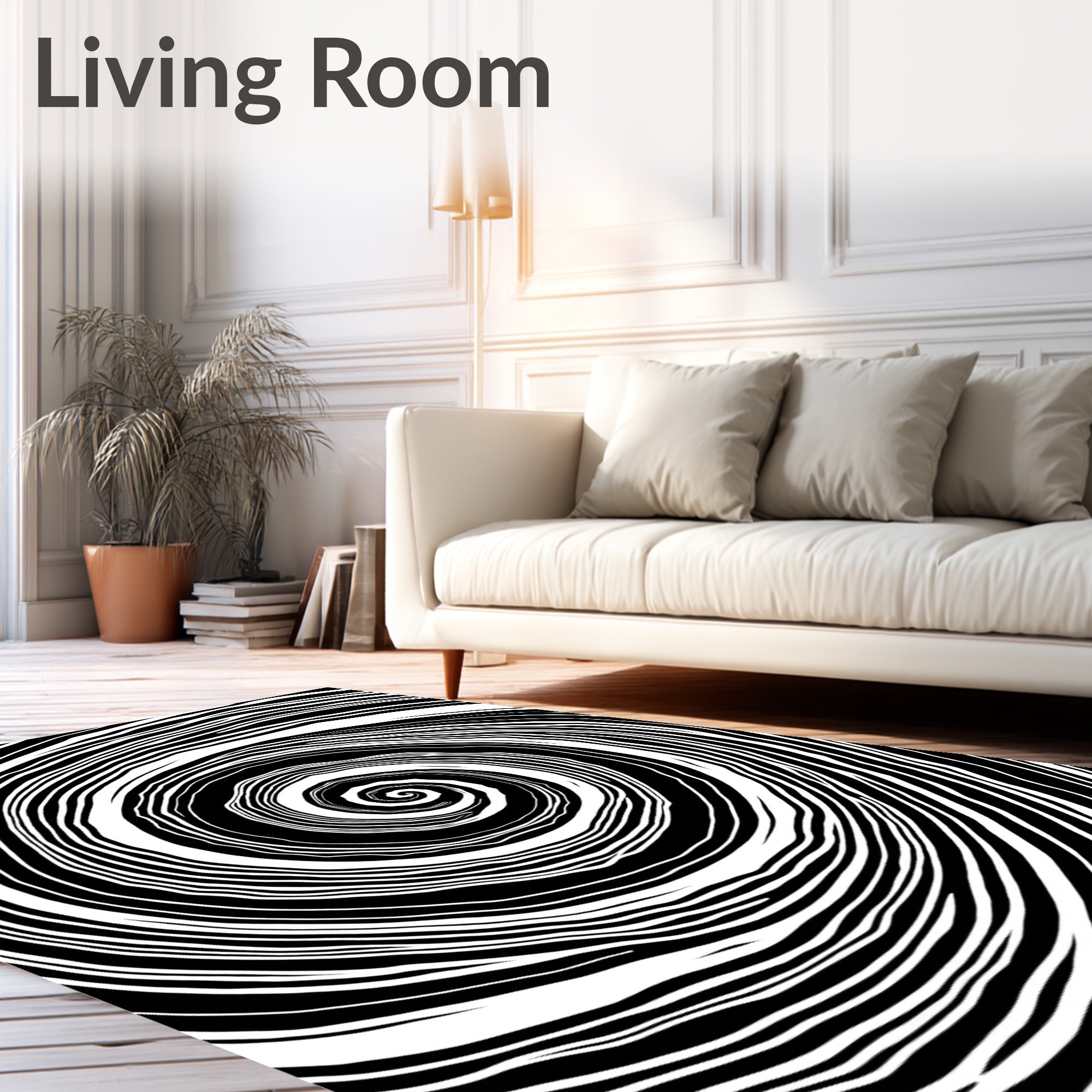 Black White Dynamic Swirl Pattern Rug