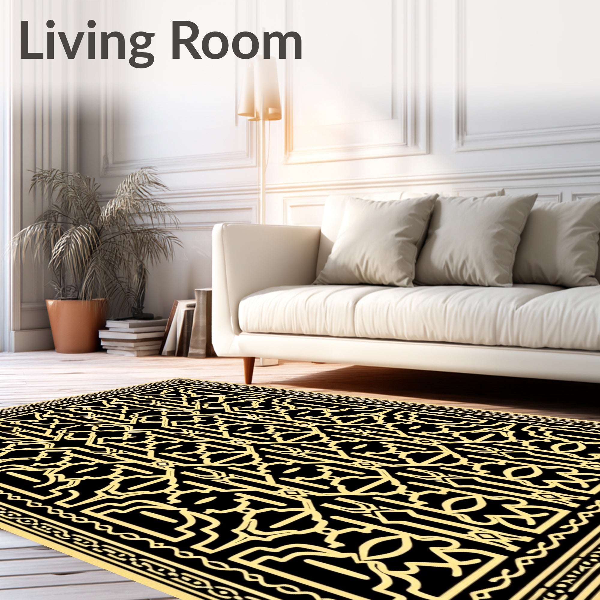 Intricate Black Gold Geometric Motif Rug