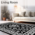 Ornate Black White Floral Vine Rug