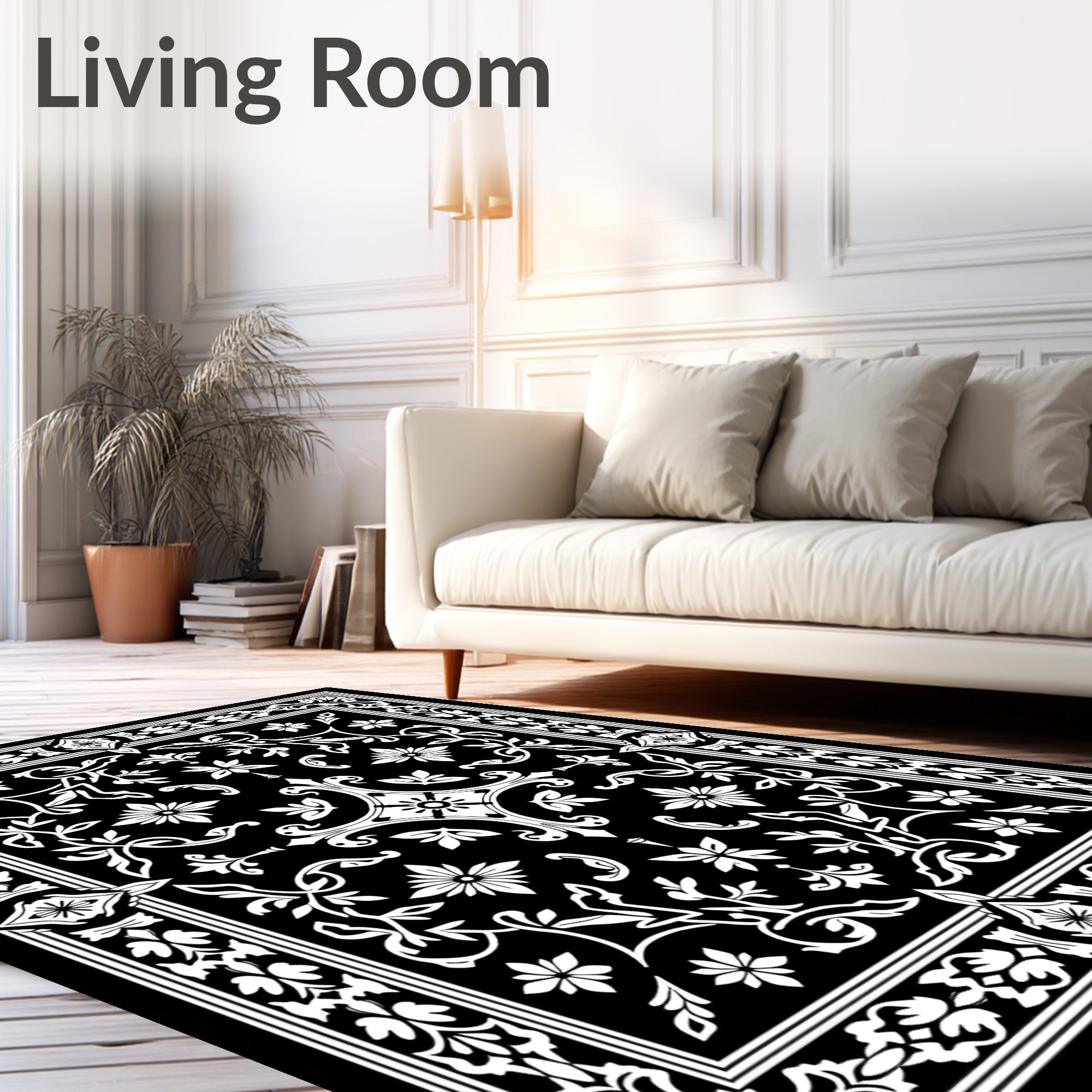 Ornate Black White Floral Vine Rug