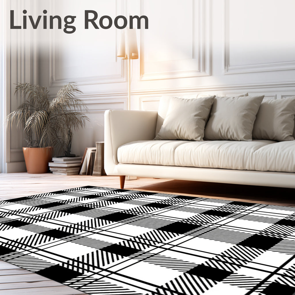 Classic Black White Plaid Check Rug