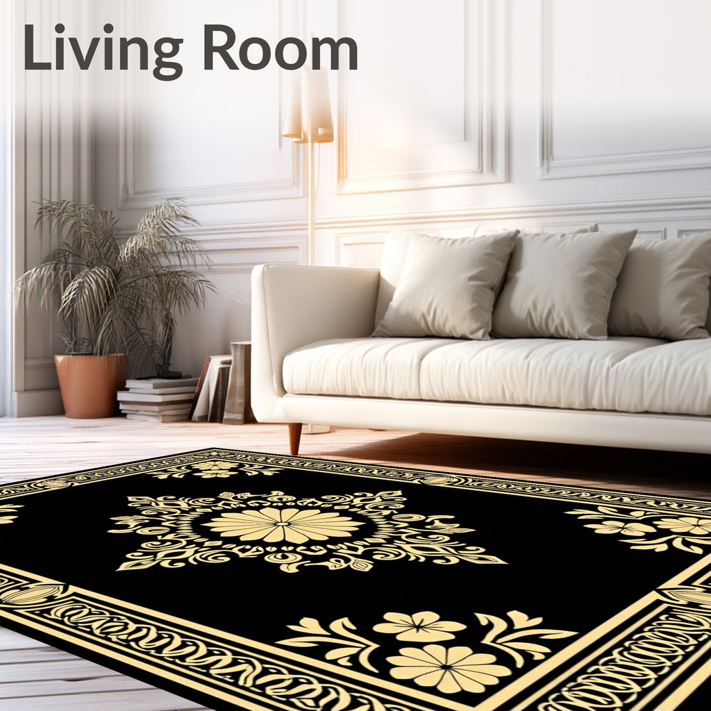 Gold Floral Damask Pattern Traditional Rug