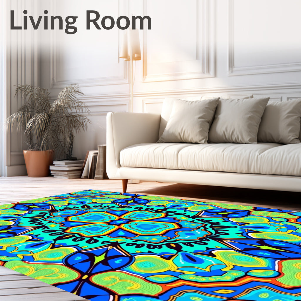 Vibrant Blue Green 4 Motif Pattern Rug