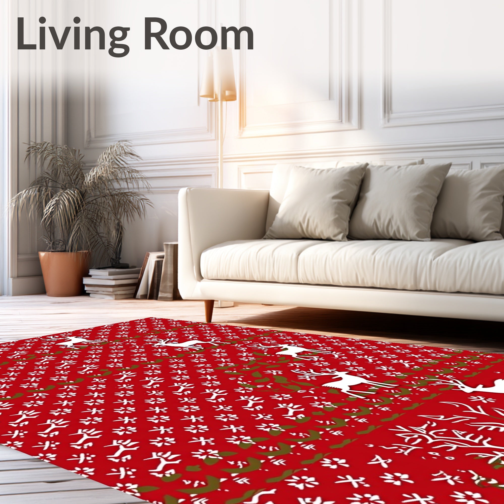 Red White Deer Floral Pattern Rug