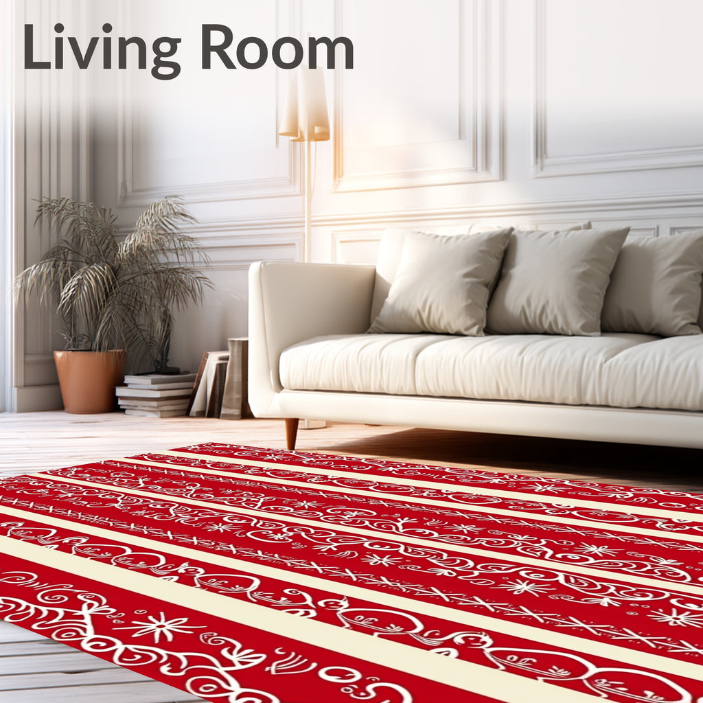 Red Cream Ornate Stripe Pattern Rug