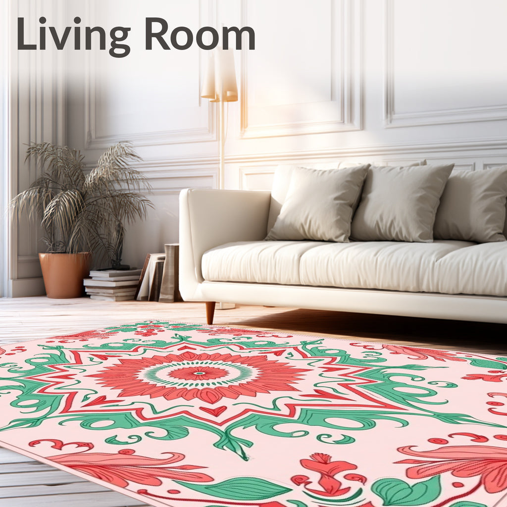 Coral and Mint Floral Mandala Design Rug