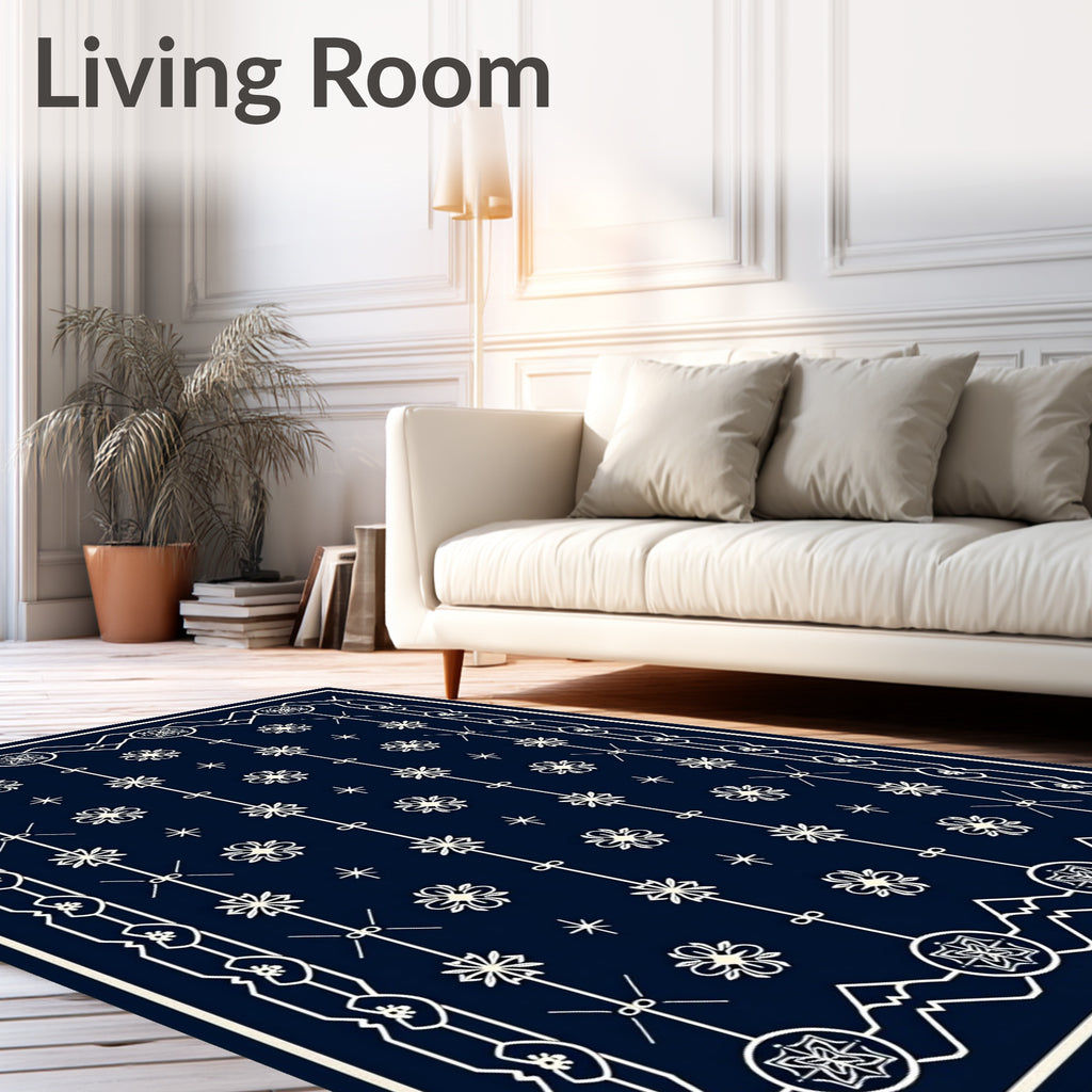 Navy White Floral Medallion Pattern Rug