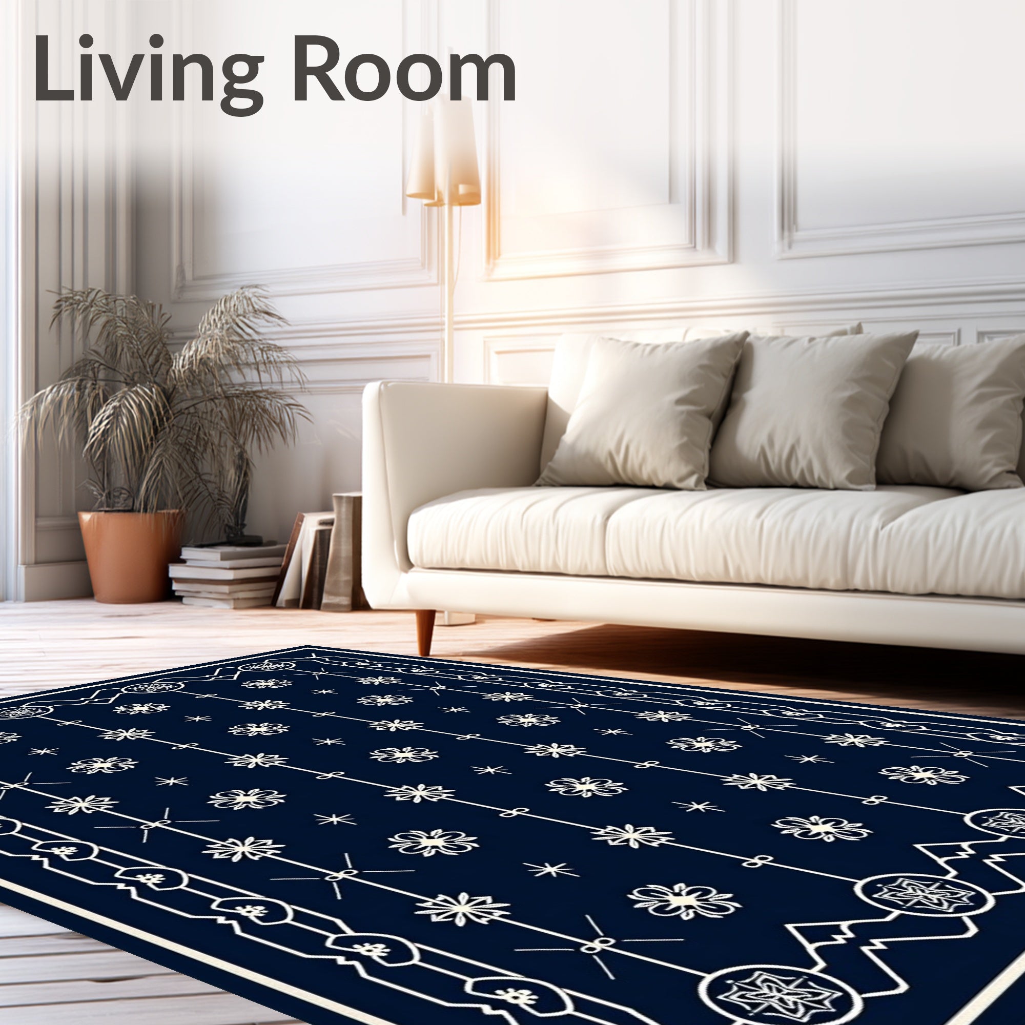 Navy White Floral Medallion Pattern Rug
