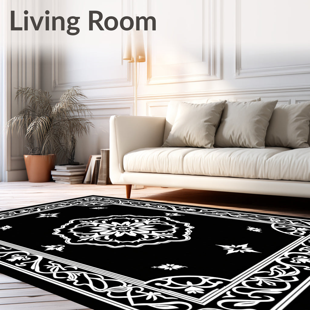 Elegant White Floral Scrollwork Rug