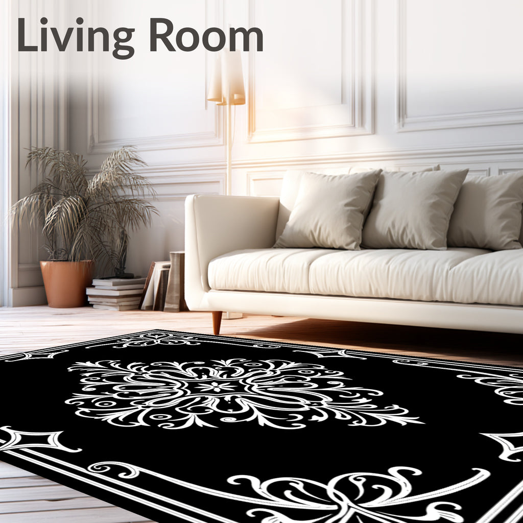 Elegant White Damask Border Design Rug