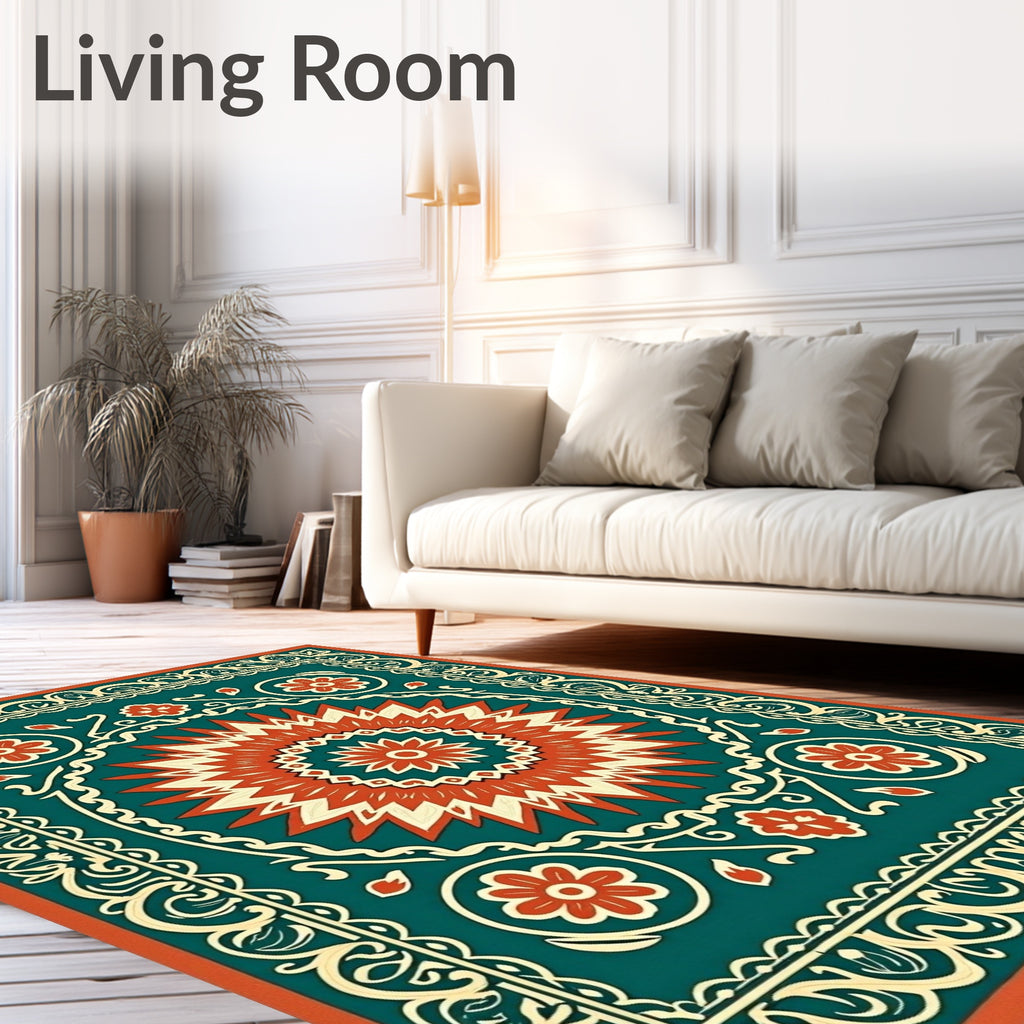 Bold Red Teal Sunburst Floral Rug