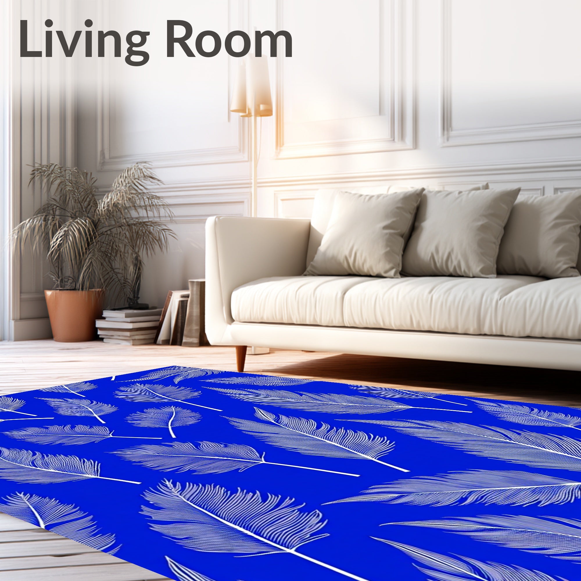White Feather Pattern on Blue Canvas Rug