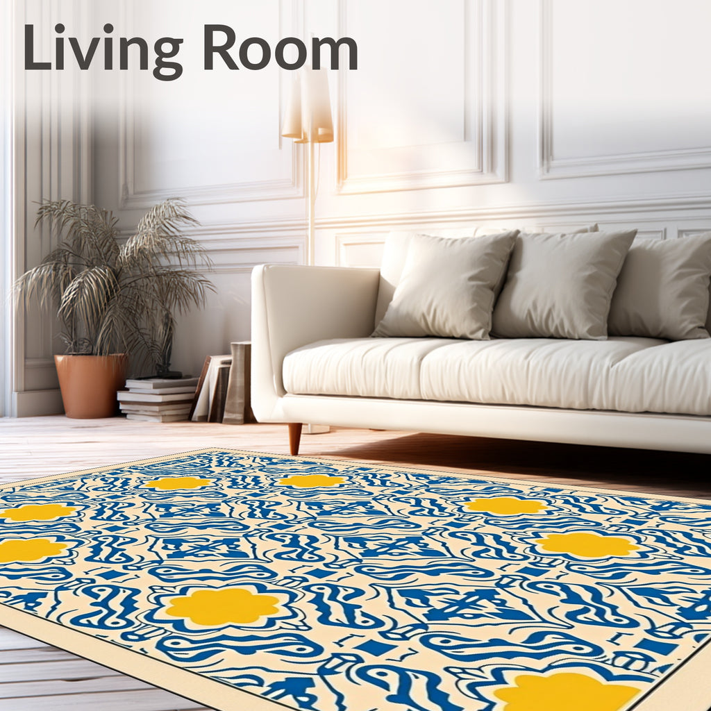 Blue Yellow Floral Medallion Geometric Design Rug