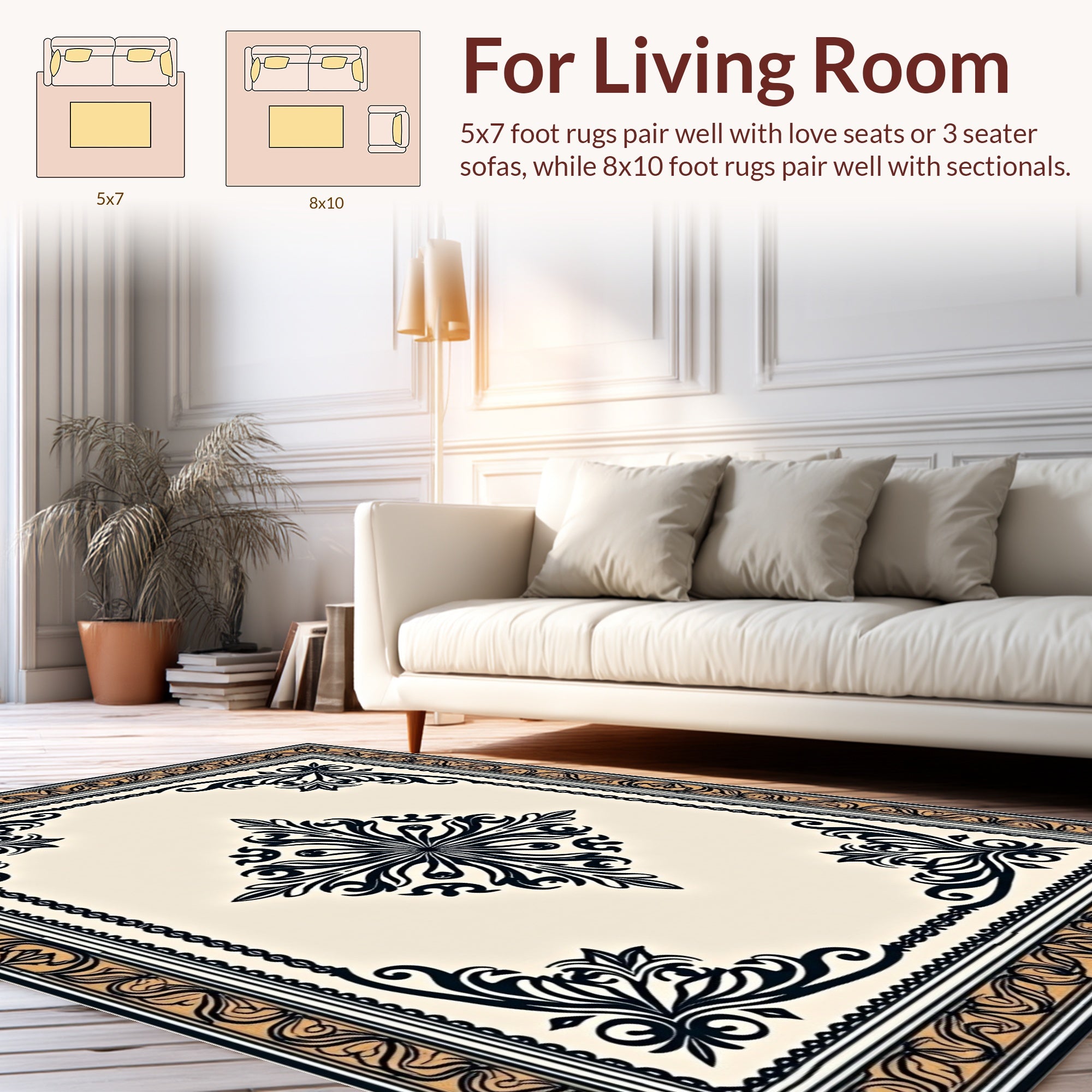 Ornate Black Gold Scroll Pattern Rug