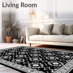 Striking Black White Floral Medallion Border Rug