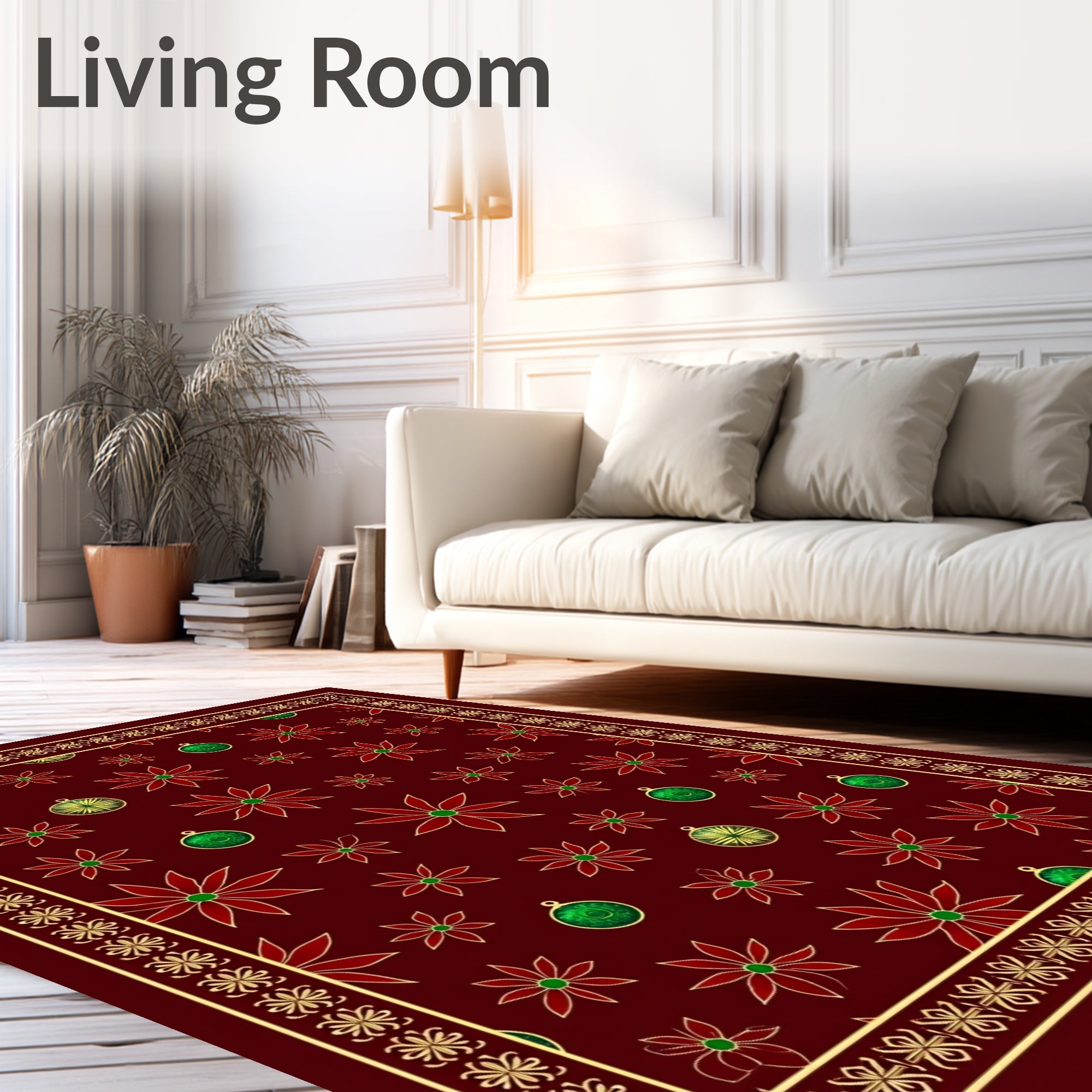 Crimson Poinsettia Ornament Border Rug