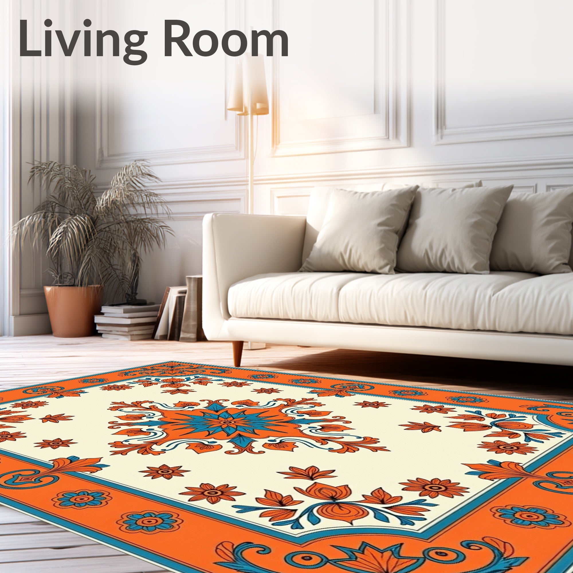 Orange Blue Floral Medallion Pattern Rug