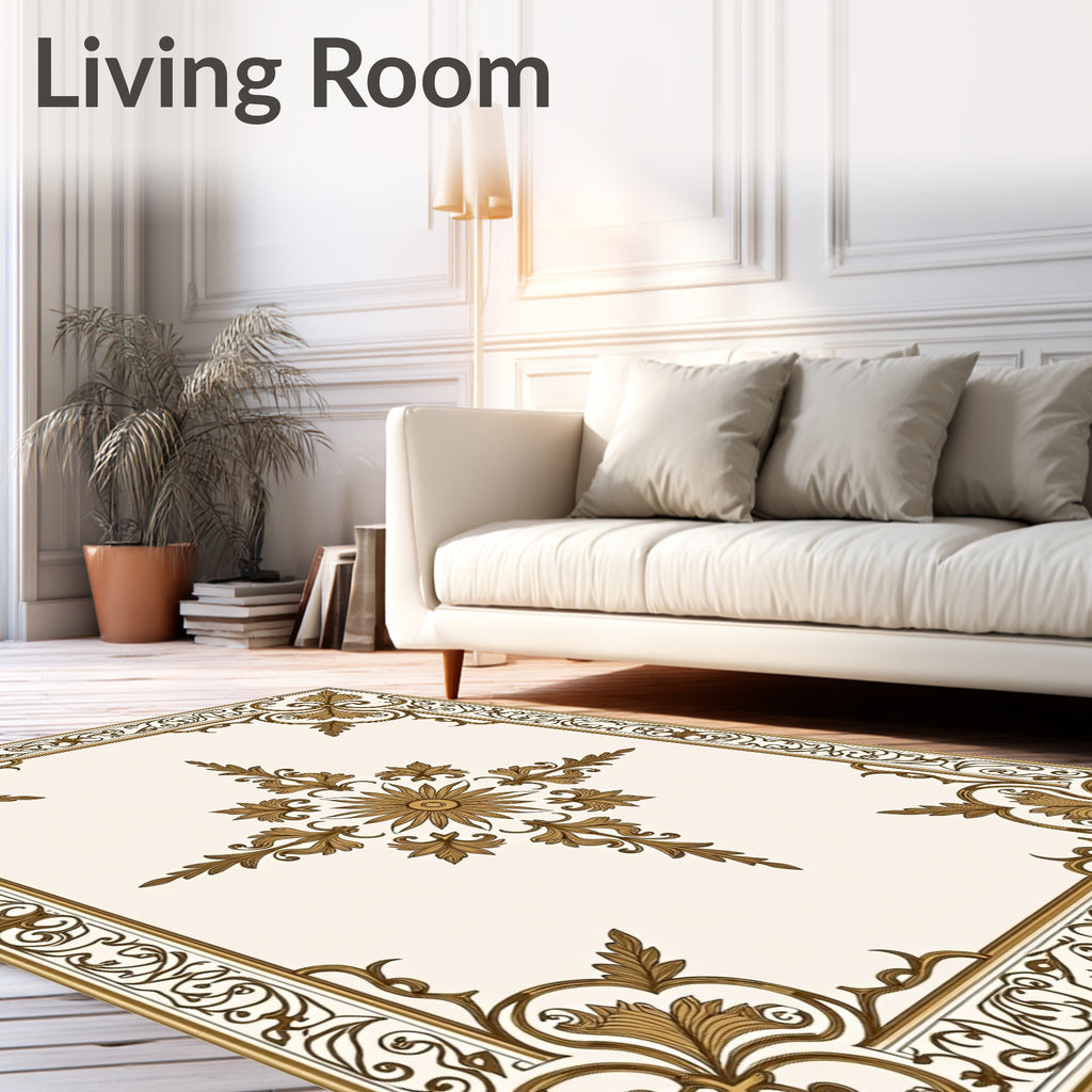 Elegant Gold Floral Medallion Border Rug