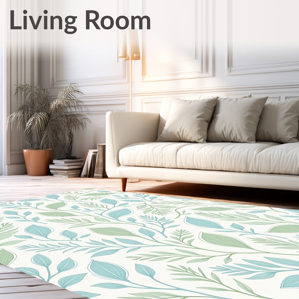 Soft Blue Green Leafy Vine Pattern Rug