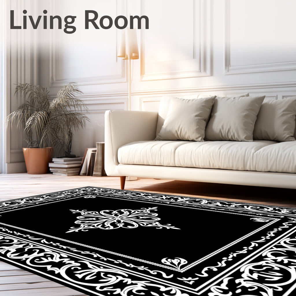 Black White Ornate Floral Scrollwork Rug