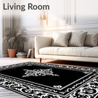 Black White Ornate Floral Scrollwork Rug