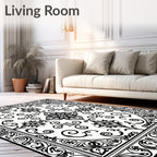 Intricate Floral Scrollwork Black White Design Rug