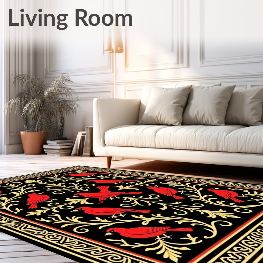 Red Cardinal And Gold Floral Pattern Rug