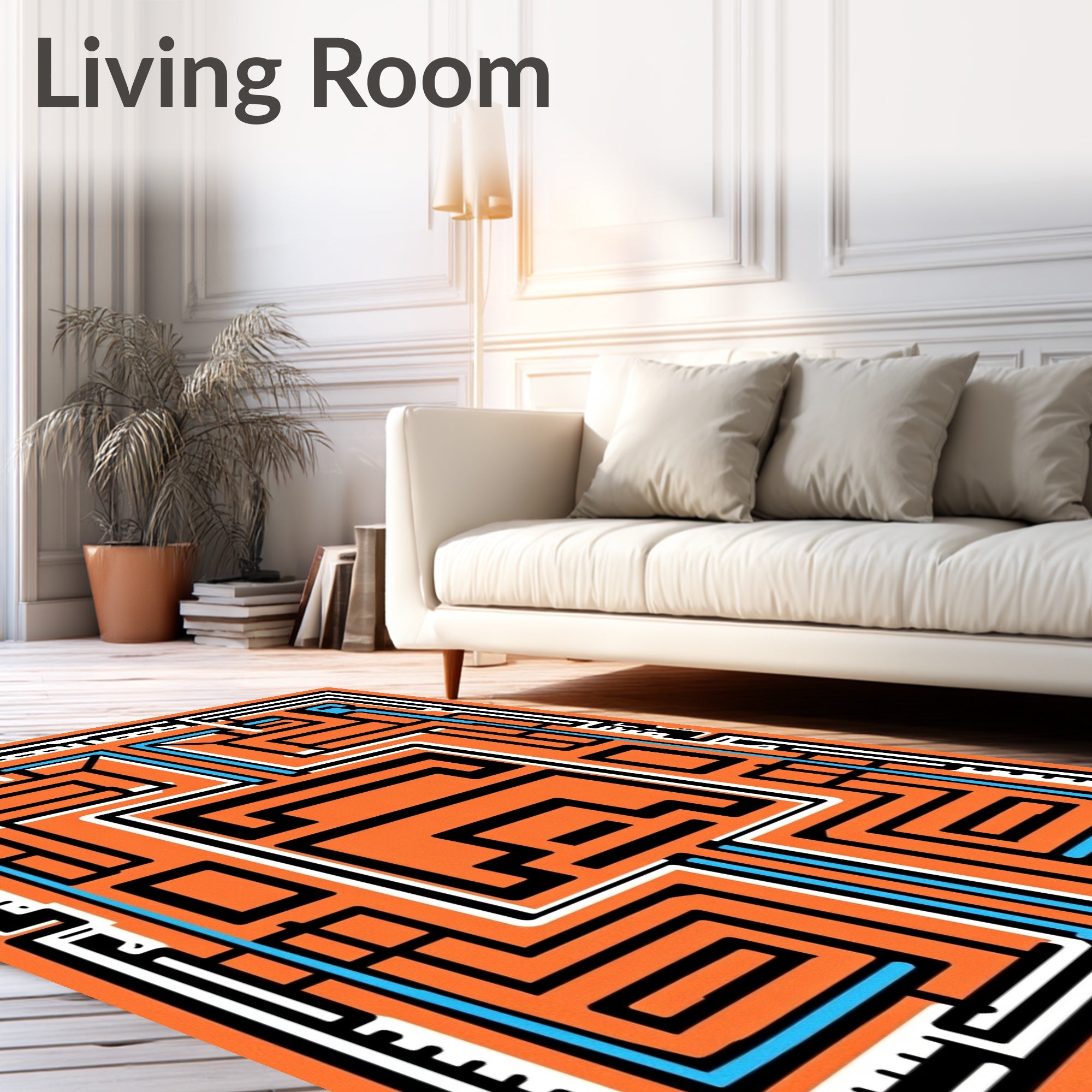 Orange Maze Pattern with Blue Accents Rug