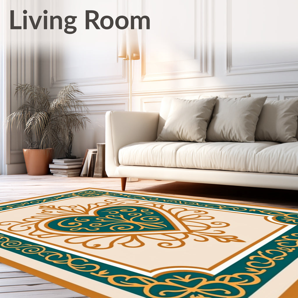Teal Gold Heart Filigree Border Rug
