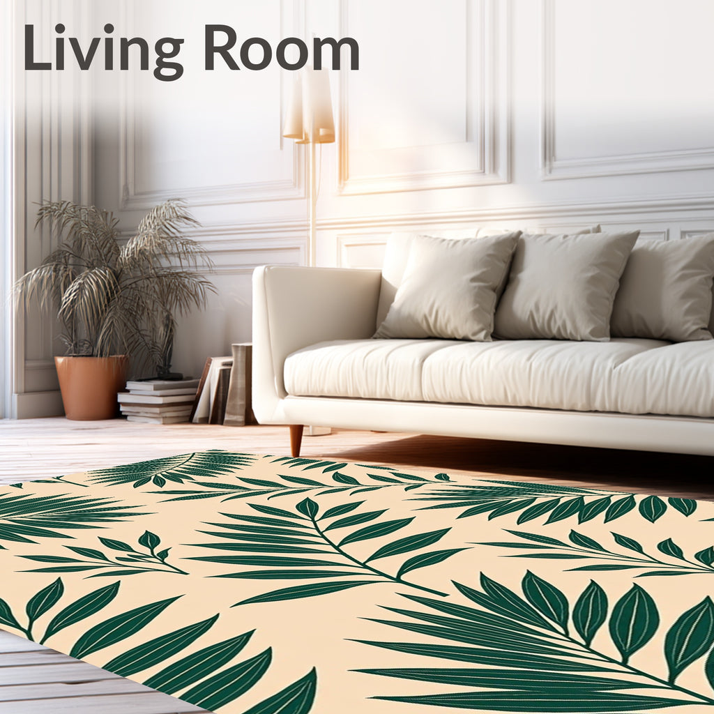Dark Green Tropical Leaf Pattern Rug
