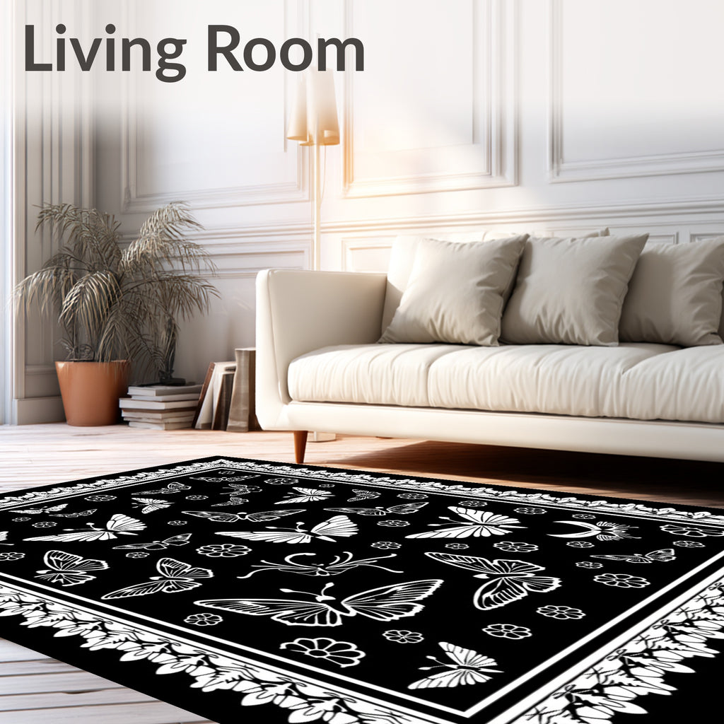 White Butterflies Floral Motif Design Rug