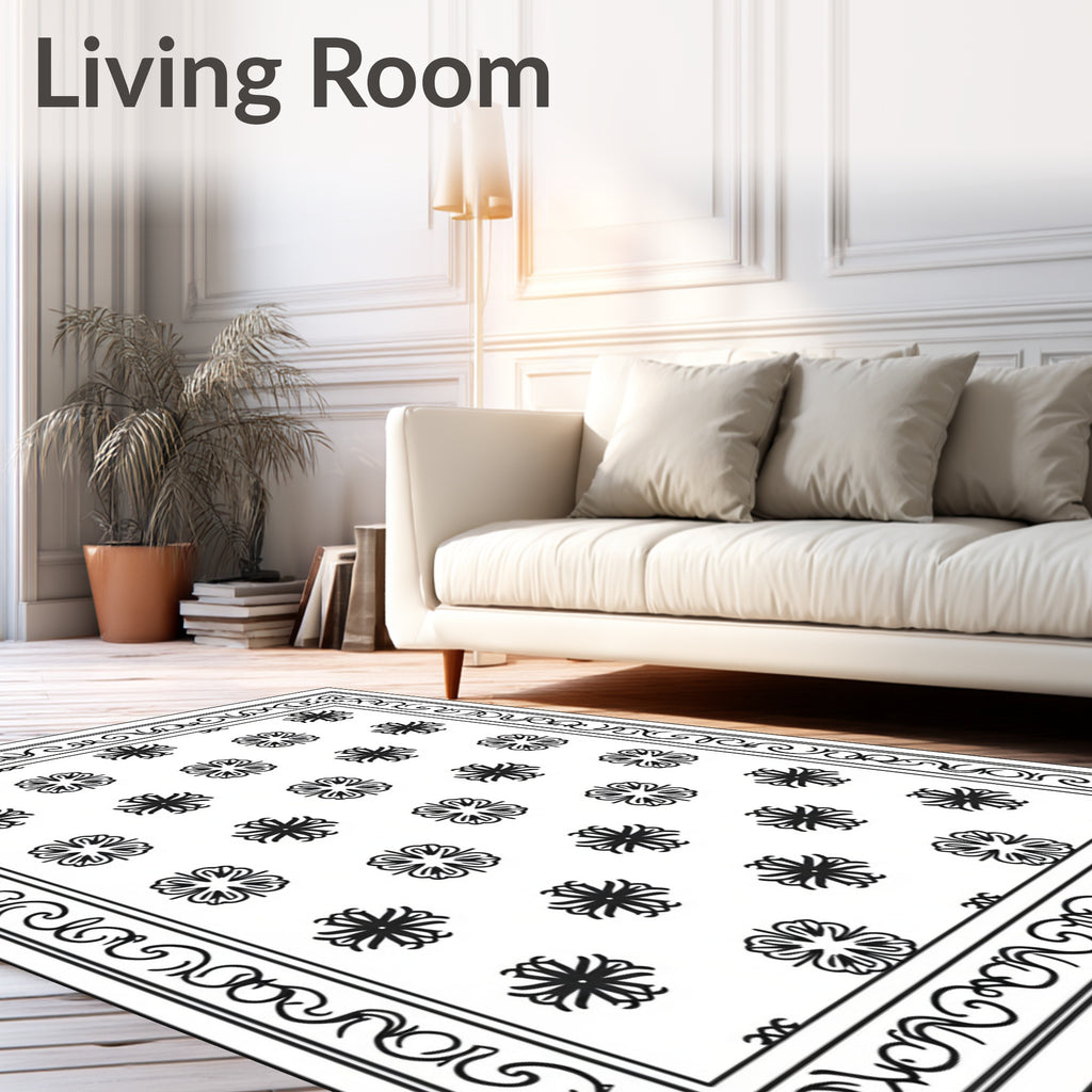 Intricate Black Floral Motif Bordered Rug