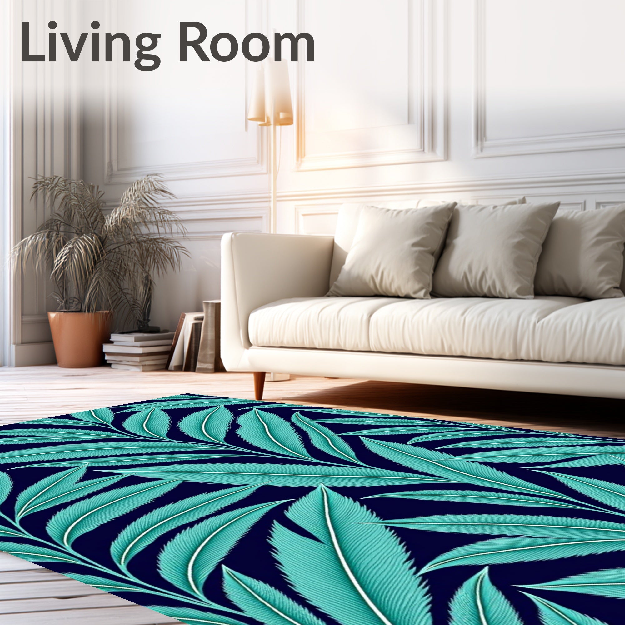 Teal Feathers Dark Navy Foliage Rug