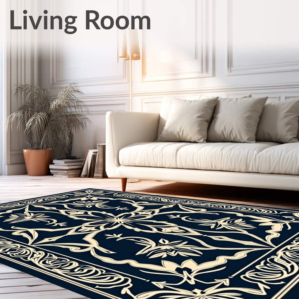Ornate Floral Scroll Dark Navy Rug