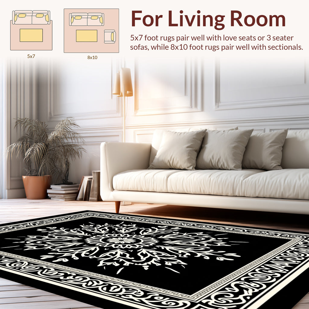 Classic Black White Floral Mandala Rug