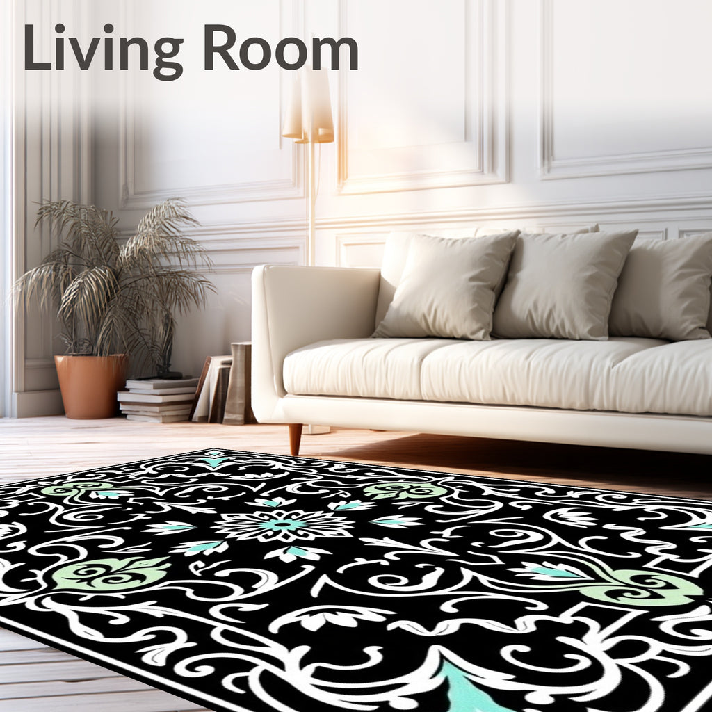 Black White Mint Floral Scroll Pattern Rug