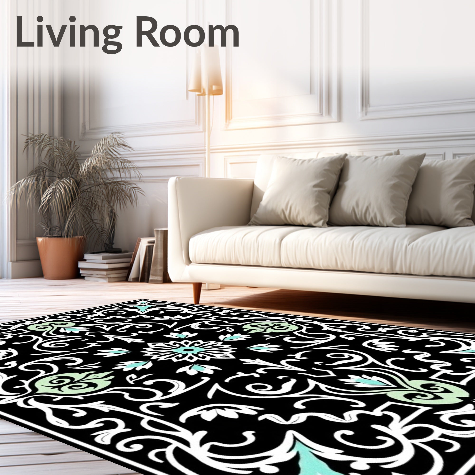 Black White Mint Floral Scroll Pattern Rug