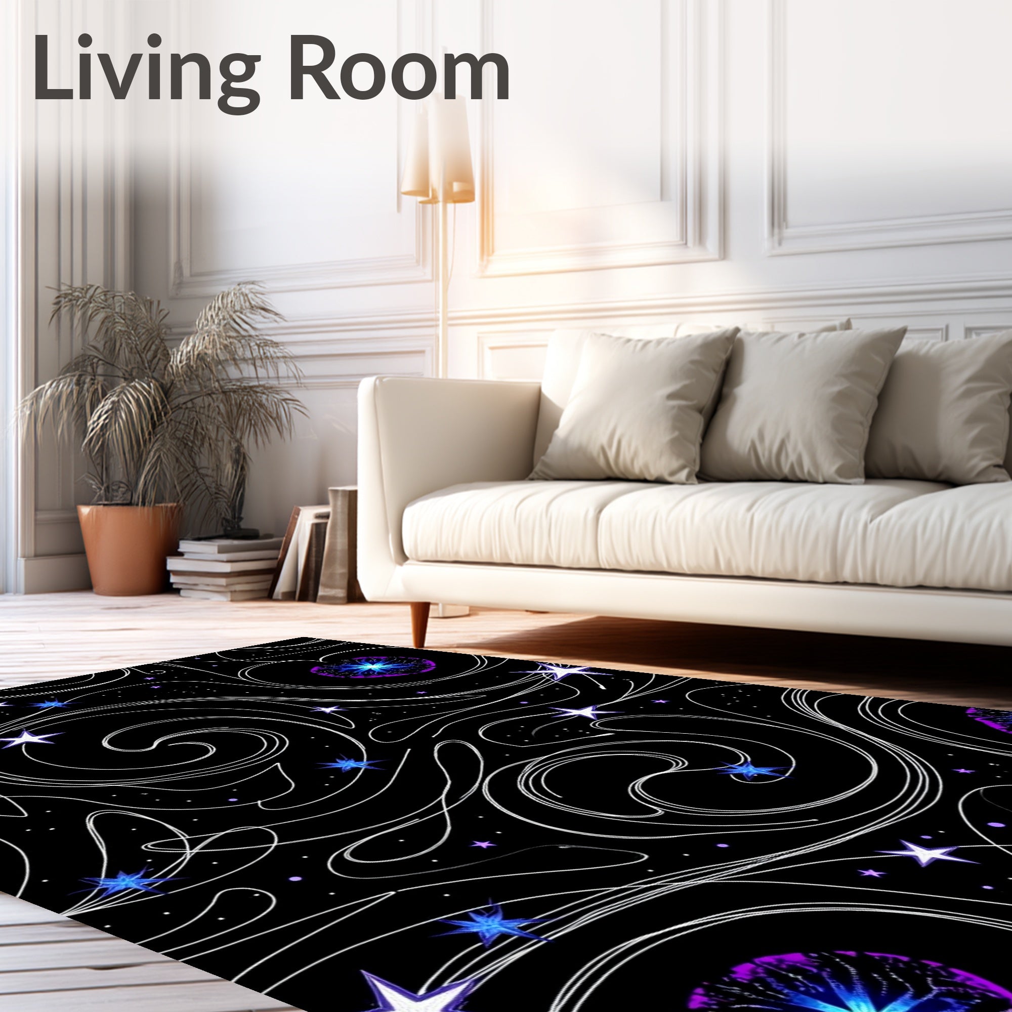 Cosmic White Swirls Blue Starburst Rug