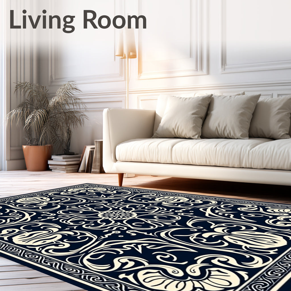 Classic Cream Navy Floral Pattern Rug