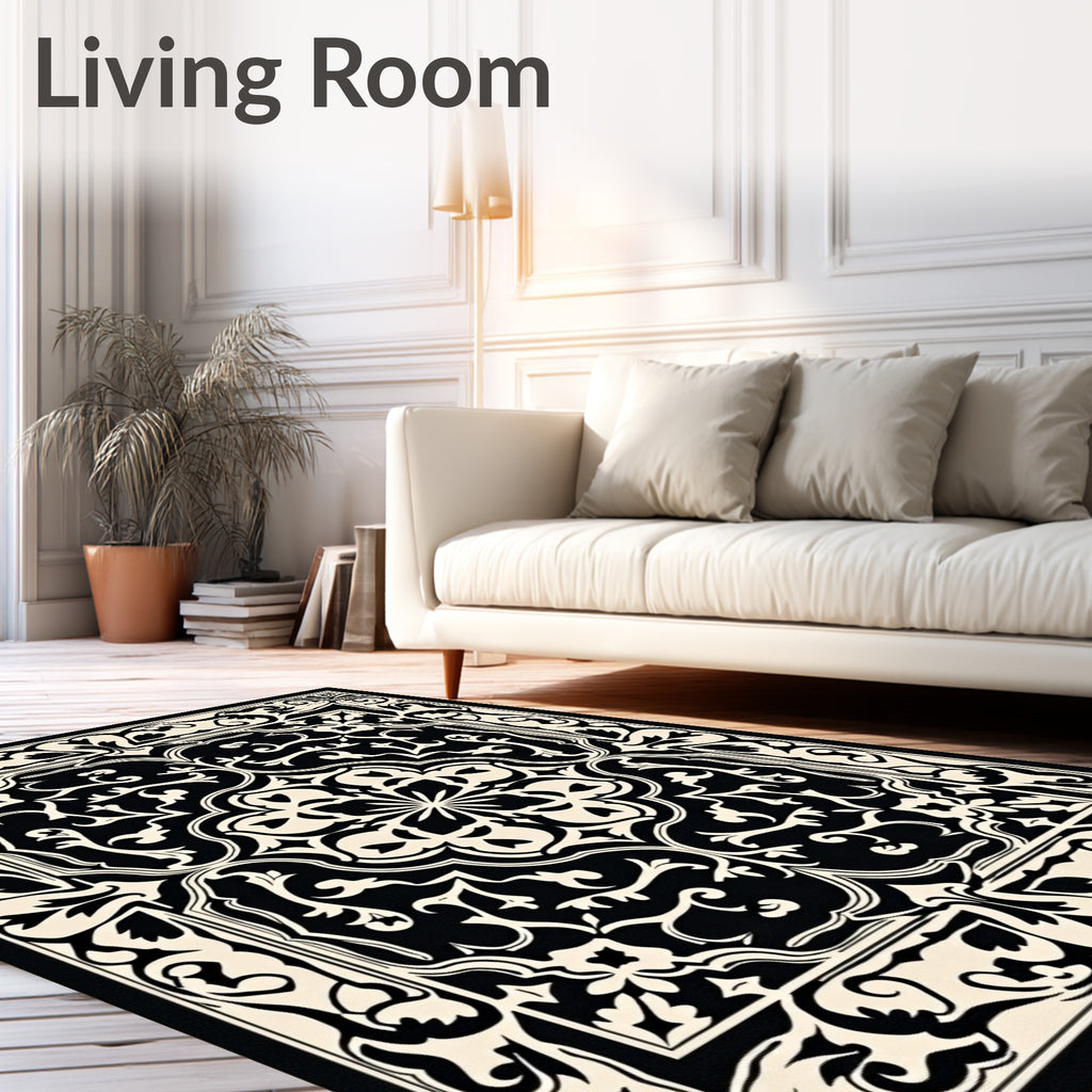 Classic Black White Floral Medallion Design Rug